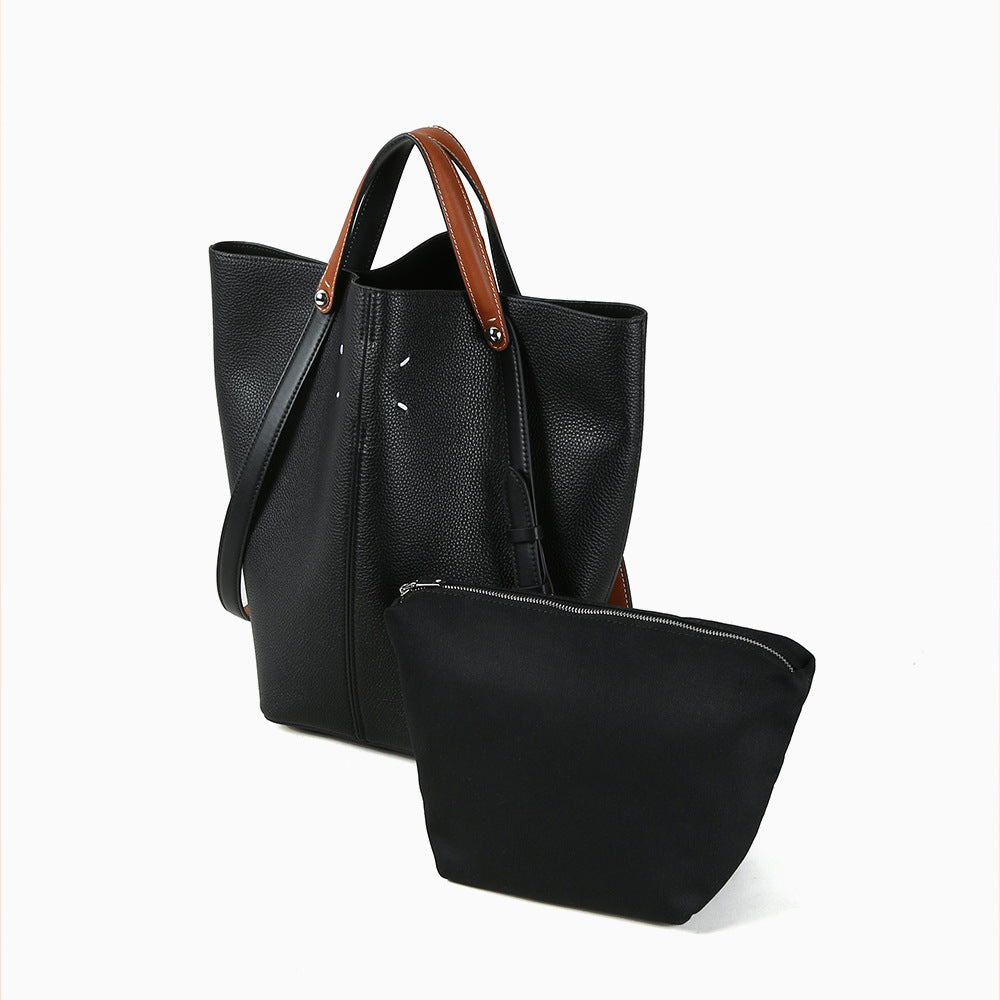 Top-Grain Leather Bucket Bag – Spacious Work Tote & Shoulder Bag for Women-Handbags-Black-17*17*31cm-Free Shipping Leatheretro