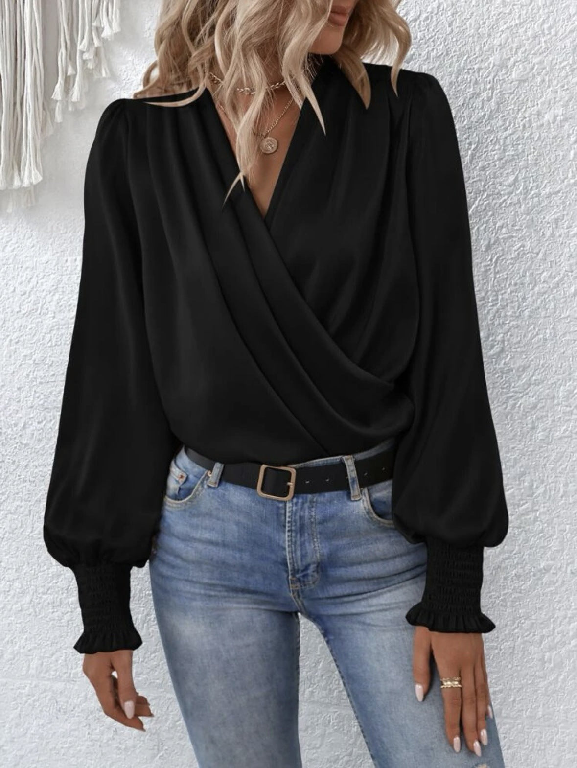 Elegant V Neck Long Sleeves Blouses Shirts-Shirts & Tops-Black-S-Free Shipping Leatheretro