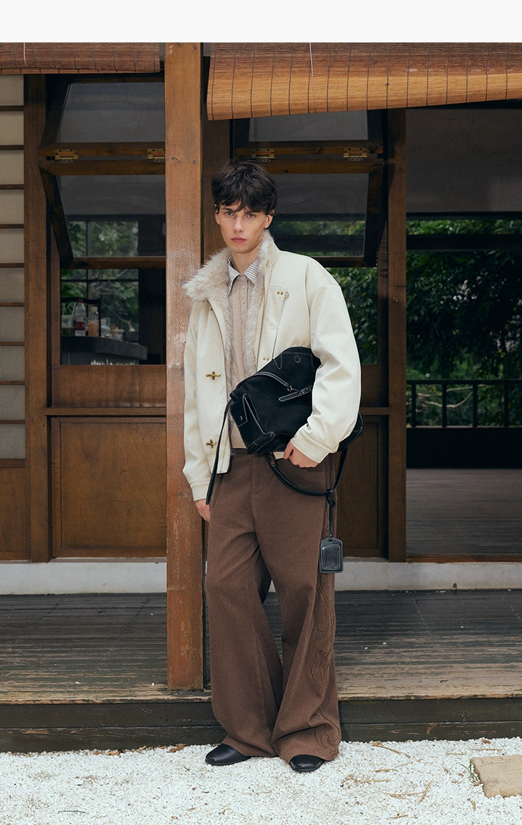 KREATE Harrington-Style PU Leather Jacket with Long Fur Collar-Ivory-S-Free Shipping Leatheretro