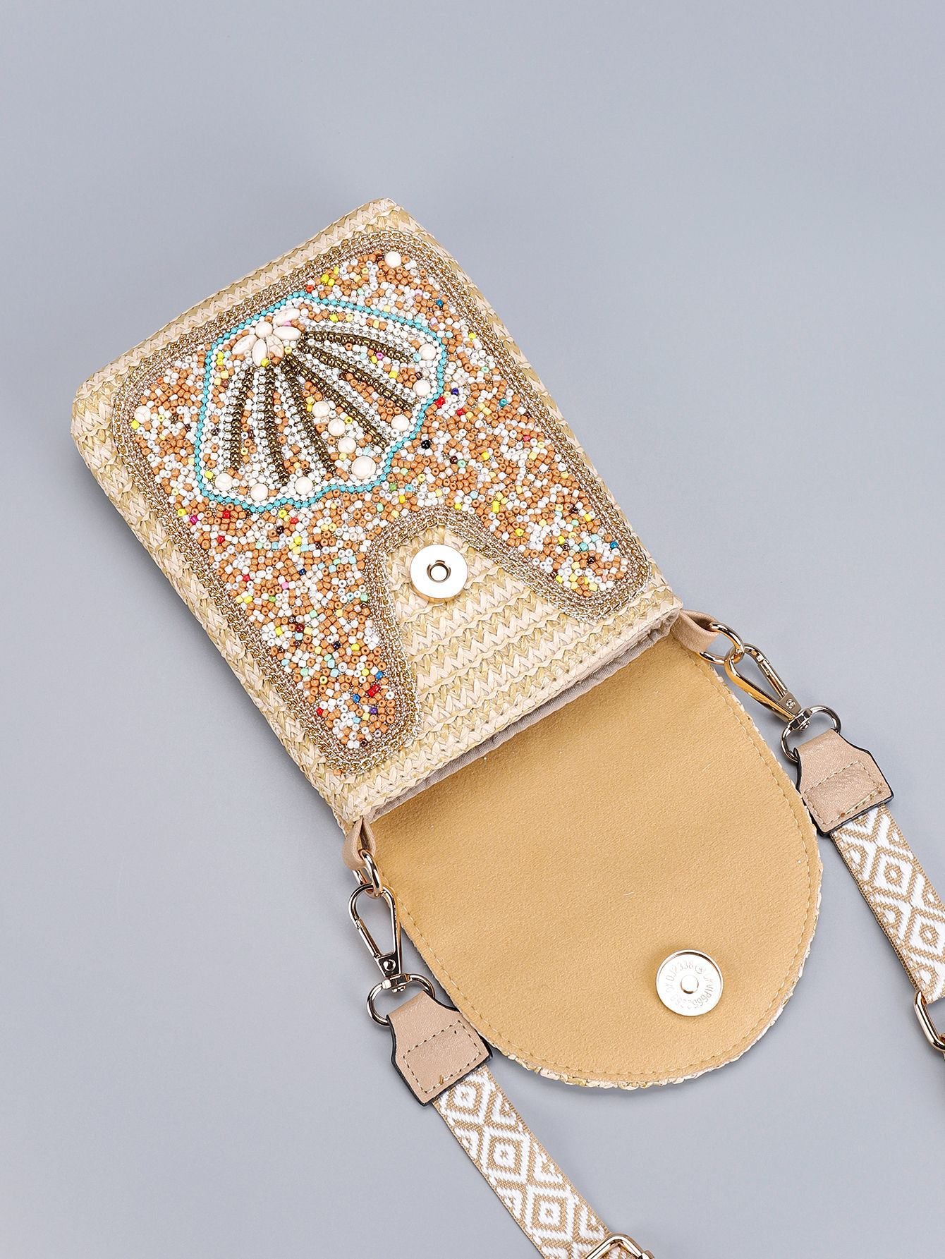 Woven Straw Crossbody Bag with Beaded Detail-1#-13*3.5*19-Free Shipping Leatheretro