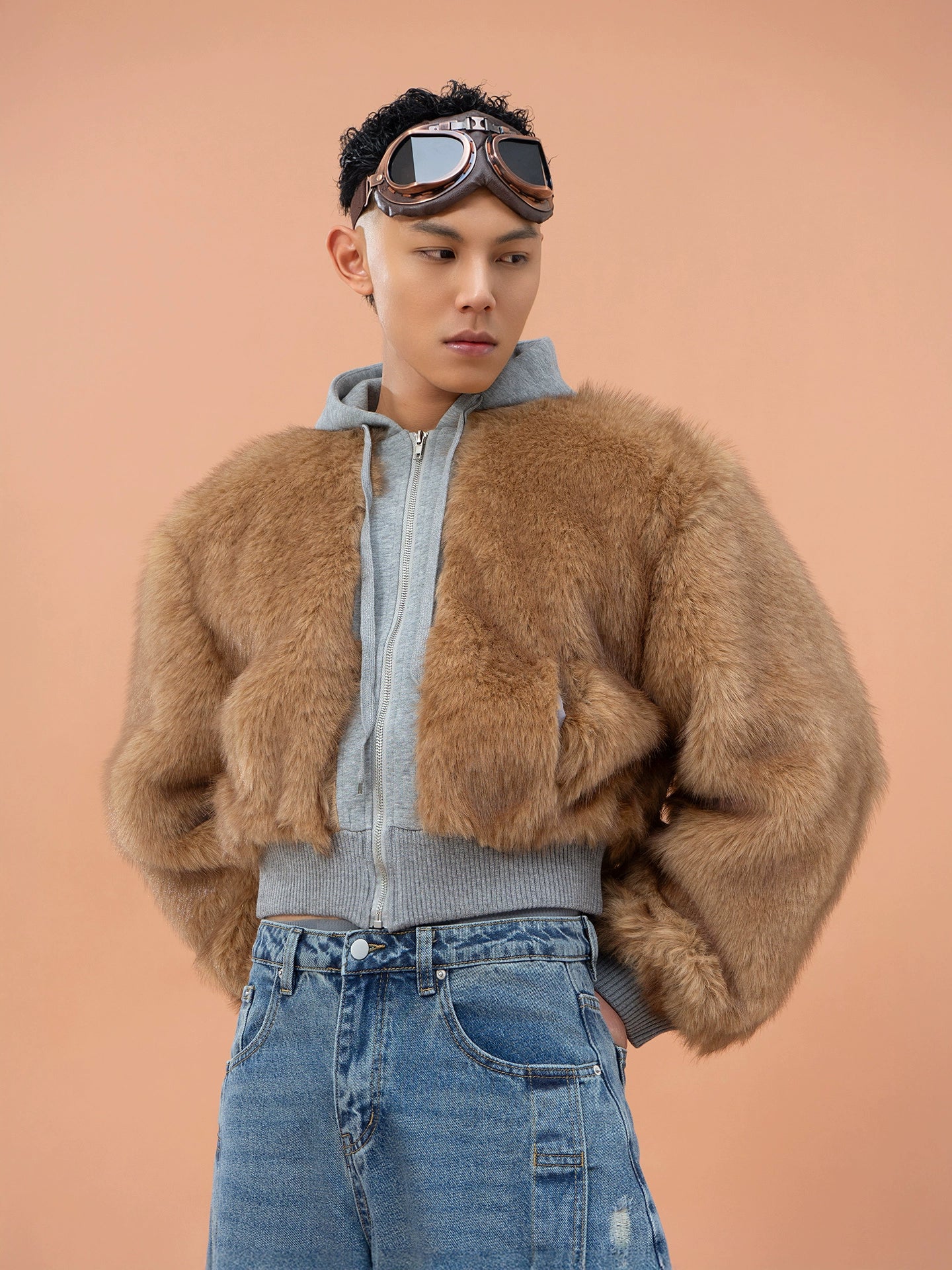 CLP Unisex Cropped Faux Fur Hoodie - Taupe Brown Zip-Up Coat-Brown-S-Free Shipping Leatheretro