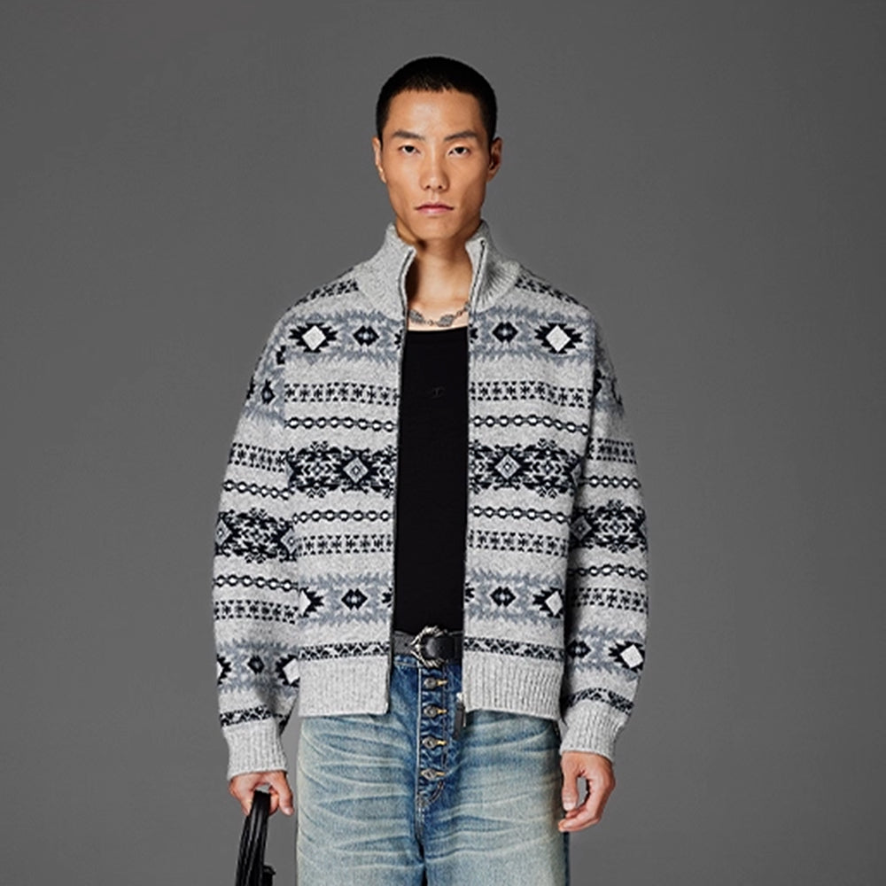 CATSSTAC Geometry Jacquard Zip-Up Cardigan-Jacket-M (Preorder)-Coffee-Free Shipping Leatheretro