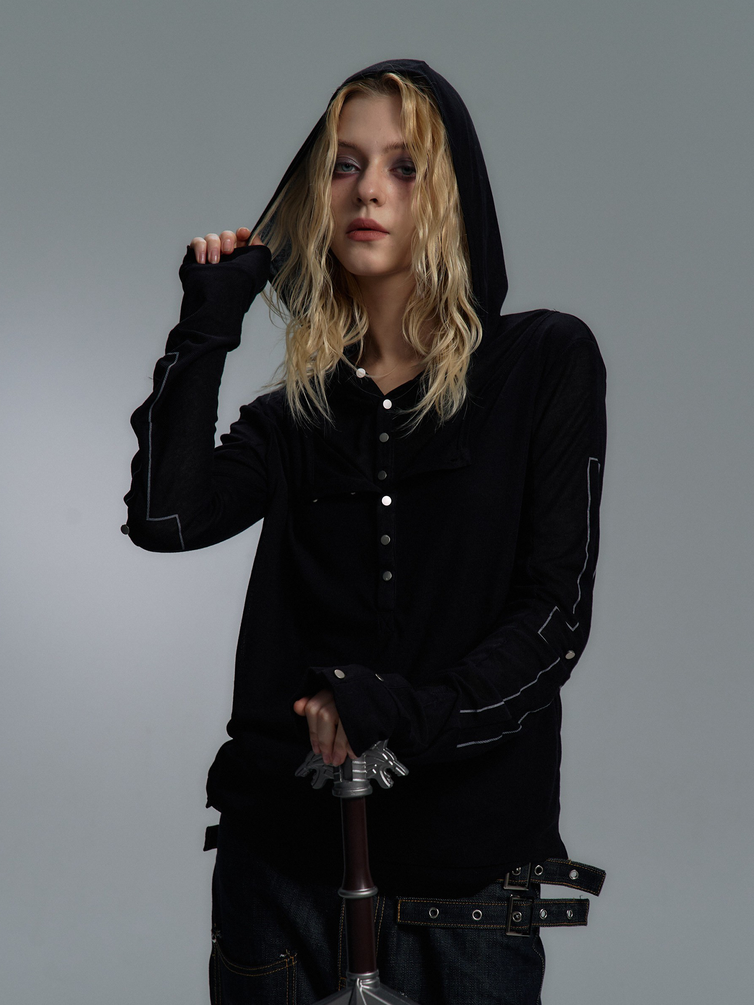 PAIKI Cross Layered Slim Hooded Long Sleeve Tee-L/S Tee-S-Black (Preorder)-Free Shipping Leatheretro