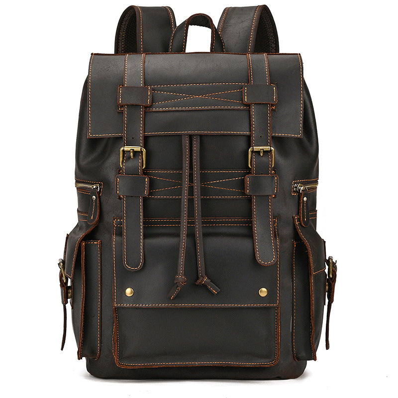 Retro Crazy Horse Leather Backpack – Large Capacity 16-Inch Cowhide Laptop & Travel Bag with Multi-Flap Pockets-Backpacks-Dark Brown-Free Shipping Leatheretro