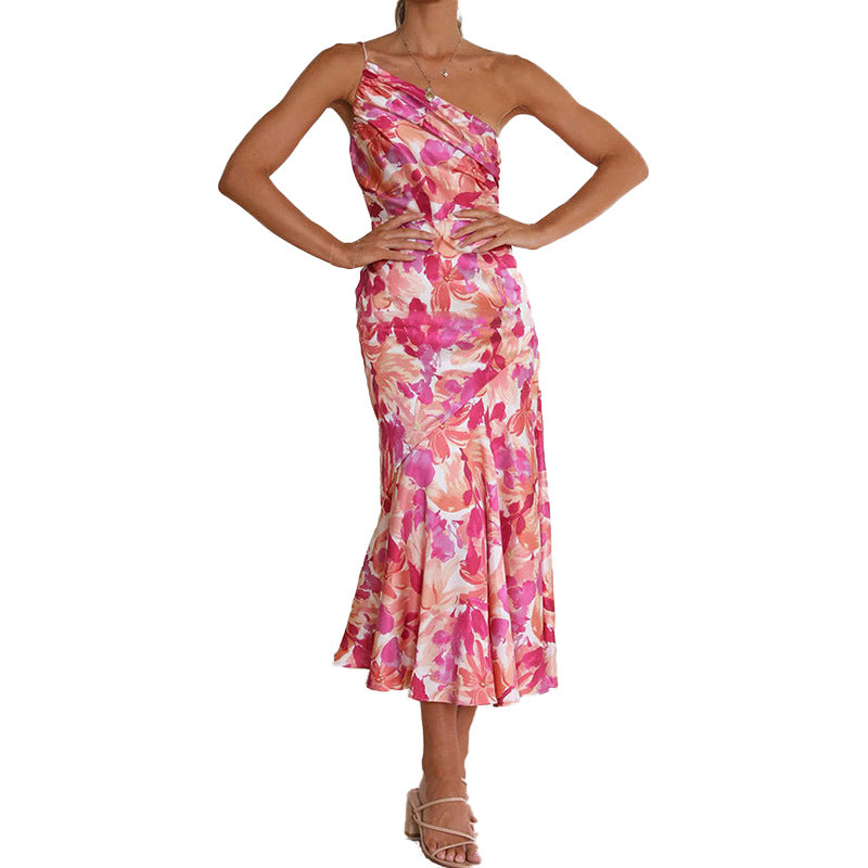 Sexy One Shoulder Pink Flowers Long Dresses-dresses-Pink Flower-S-Free Shipping Leatheretro