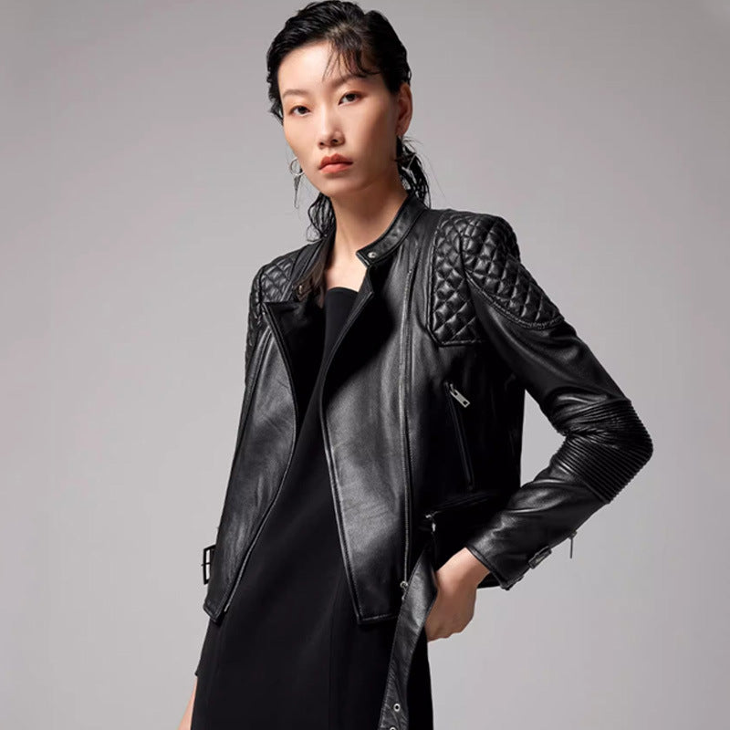 Women’s Slim-Fit Black Biker Jacket-Black without Velvet-S 40-45kg-Free Shipping Leatheretro