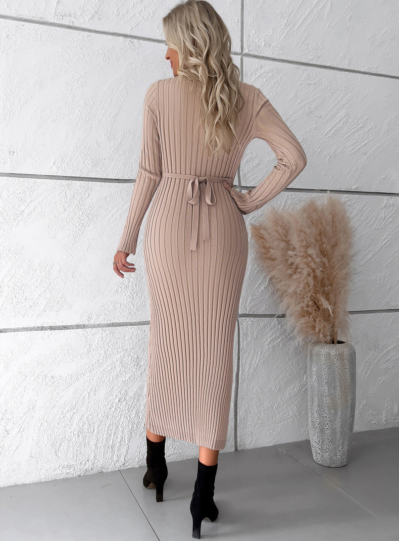 Elegant V Neck Long Sleeves Knitted Dresses-Dresses-White-S-Free Shipping Leatheretro