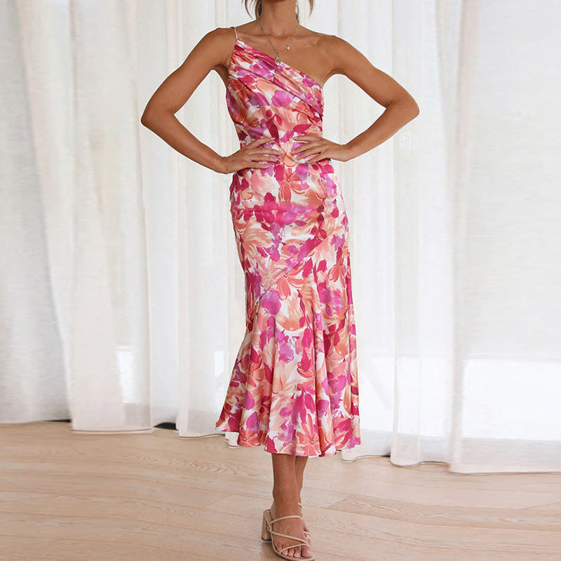 Sexy One Shoulder Pink Flowers Long Dresses-dresses-Pink Flower-S-Free Shipping Leatheretro