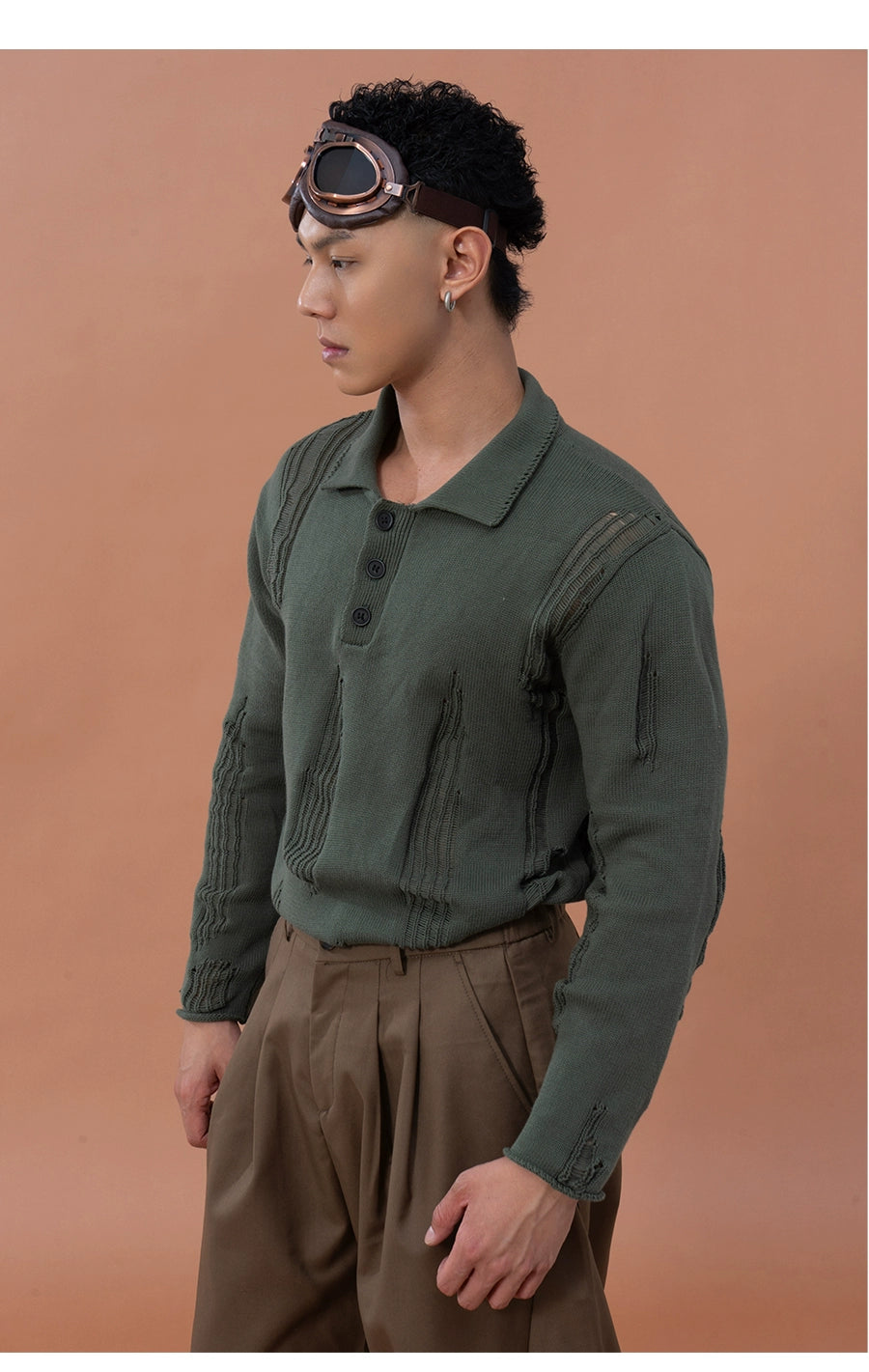 CLP Men's Distressed Knit Polo Shirt-Green-M-Free Shipping Leatheretro