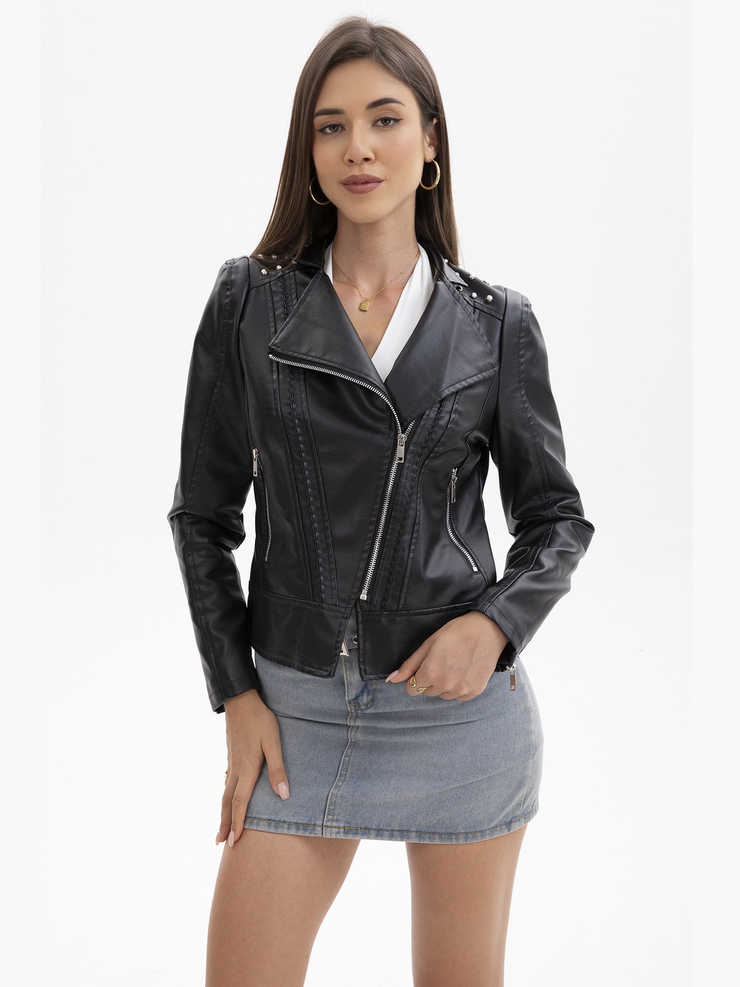 Women's Studded Faux Leather Jacket-black-XS-Free Shipping Leatheretro