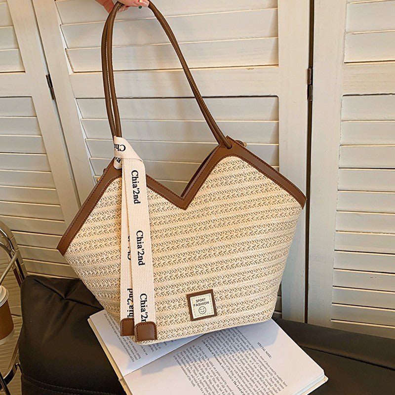 Large Capacity Tote Bag – Vintage Straw Woven Handbag-White with brown.-Free Shipping Leatheretro