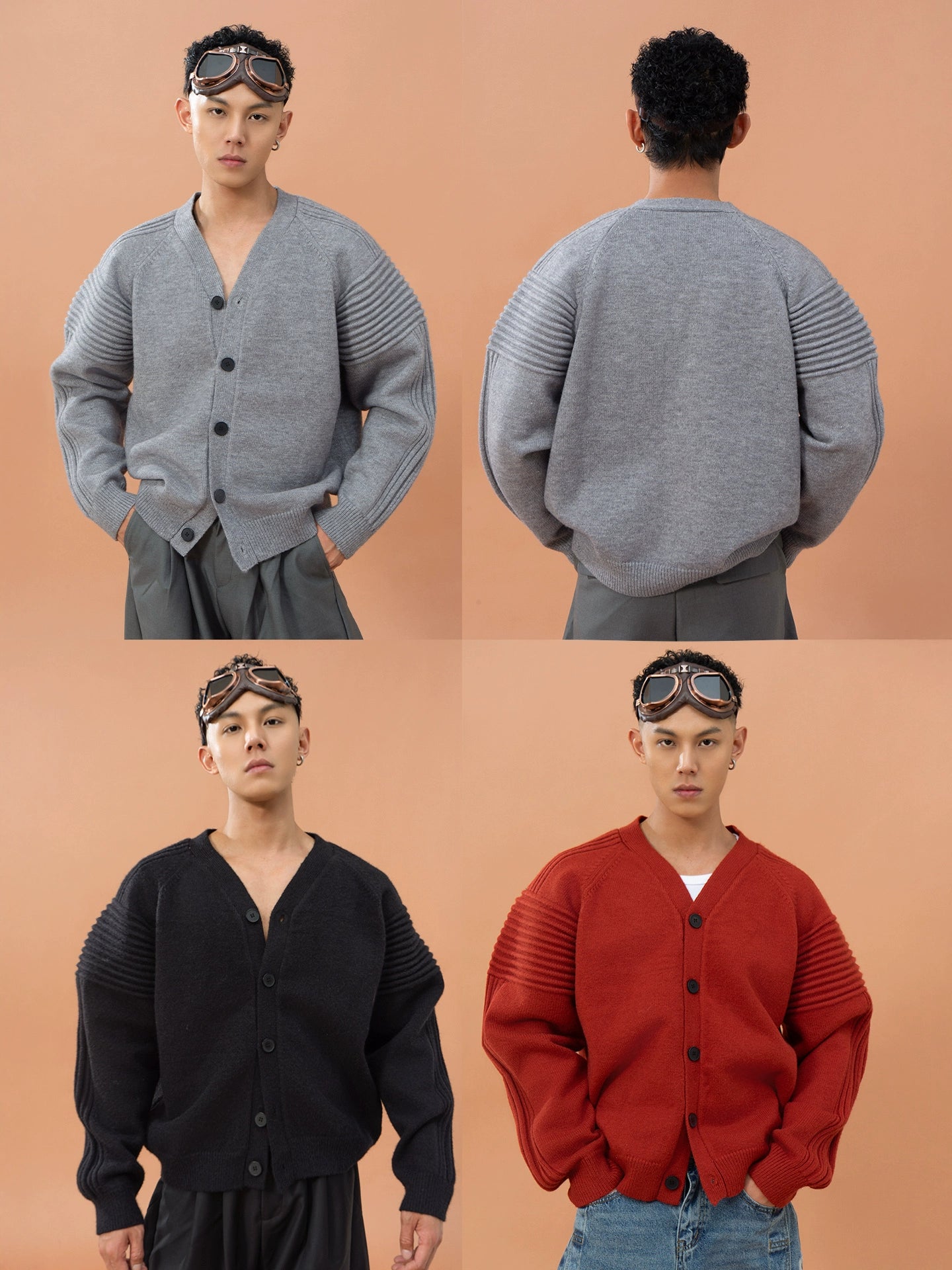 CLP Men's Oversized Drop Shoulder Cardigan Sweater-Red-M-Free Shipping Leatheretro