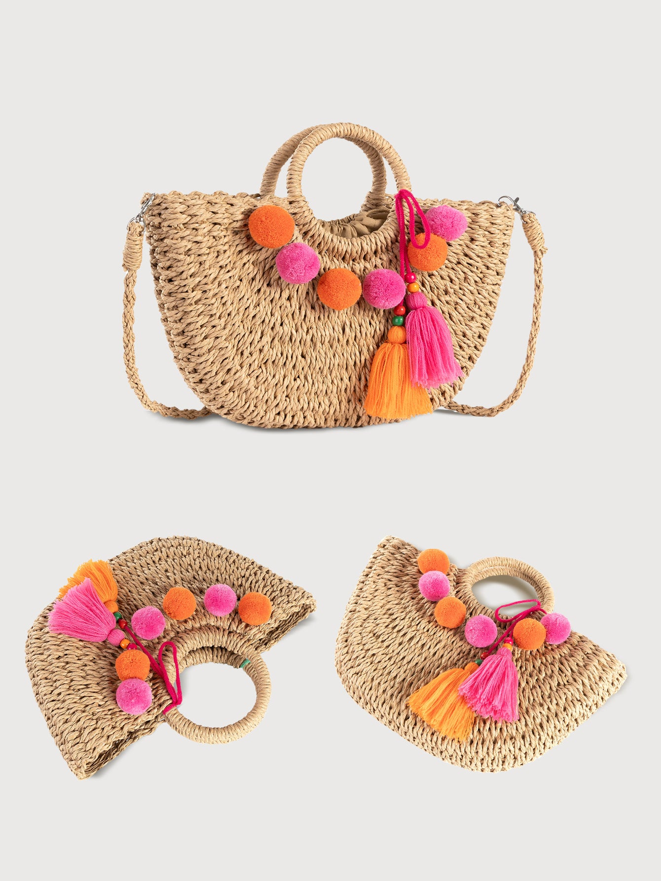 Boho Straw Woven Handbag – Women’s Natural Rattan Tote Bag-Apricot flowers-Free Shipping Leatheretro