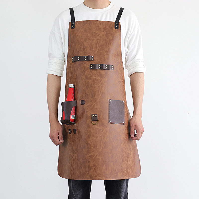 PU Leather BBQ Apron – Outdoor Cooking, Grilling & Picnic Apron with Bottle Holder – Oil-Resistant Work Apron-Leather Canvas Aprons-PU Brown-Free Shipping Leatheretro