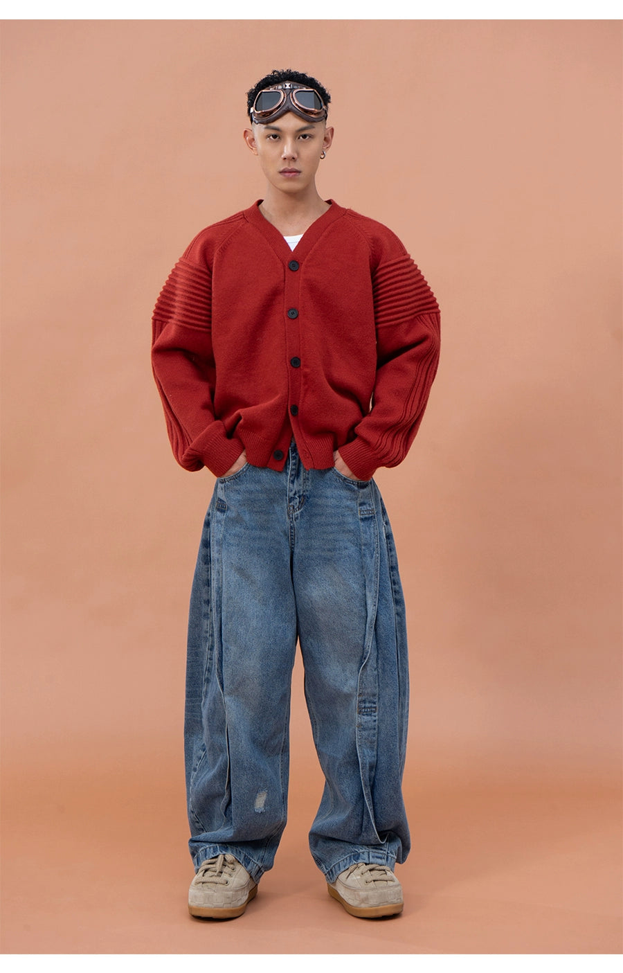 CLP Men's Oversized Drop Shoulder Cardigan Sweater-Red-M-Free Shipping Leatheretro