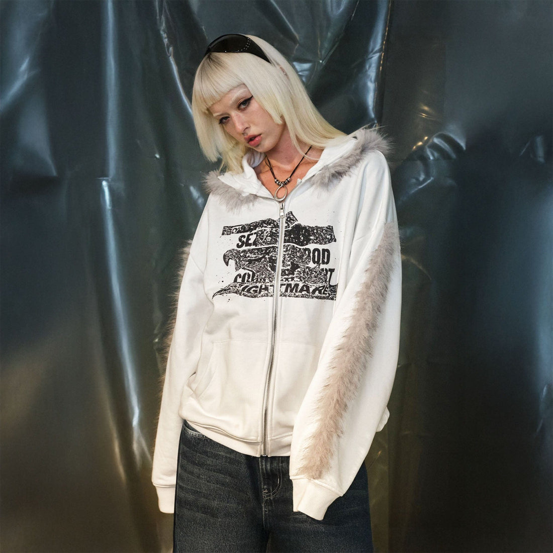 RECOVER ZONE Faux Fur Trim Graphic Zip-Up Hoodie-Jacket-S-Black-Free Shipping Leatheretro