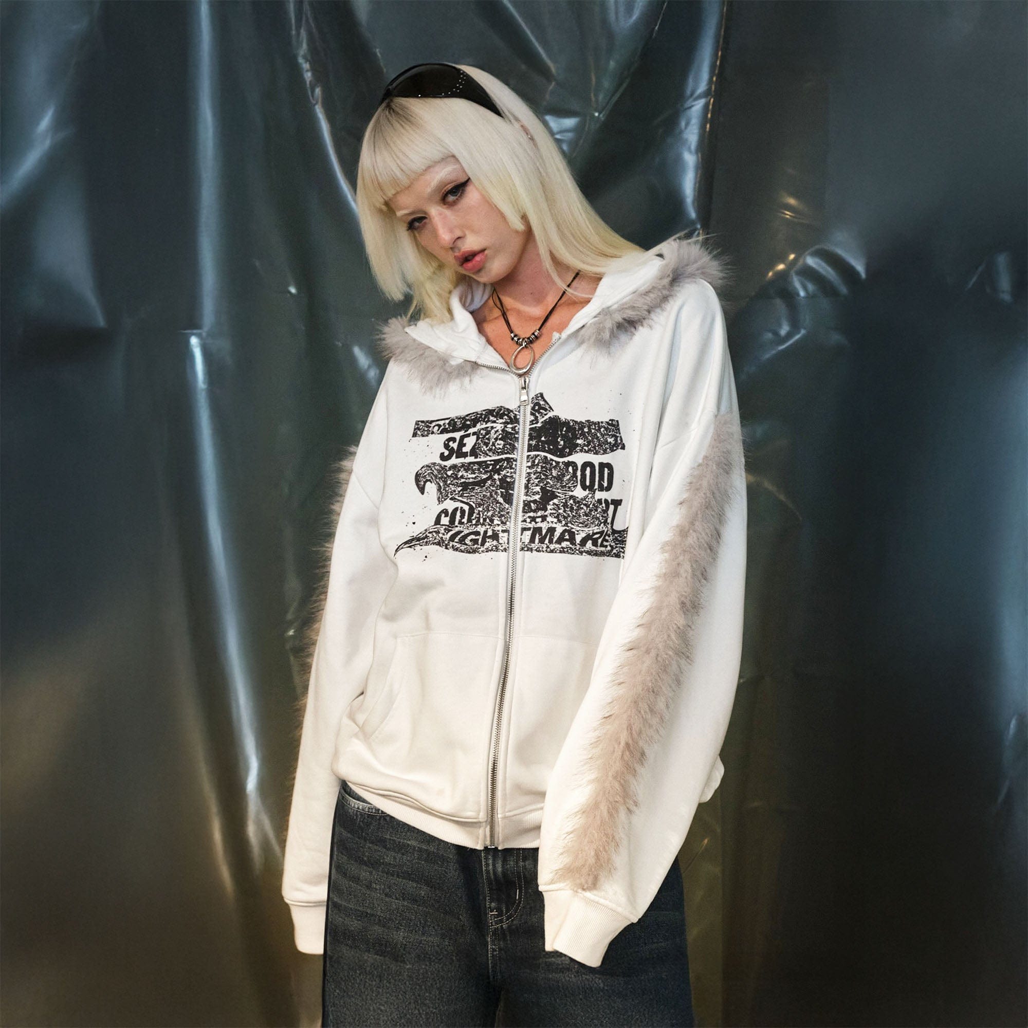 RECOVER ZONE Faux Fur Trim Graphic Zip-Up Hoodie-Jacket-S-White-Free Shipping Leatheretro