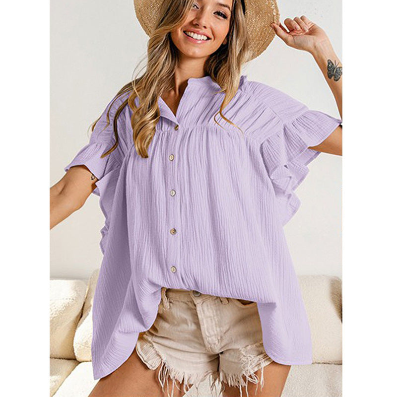 Fashion Stand Collar Ruffled Short Sleeves Shirts-Shirts & Tops-Green-S-Free Shipping Leatheretro