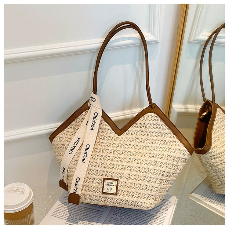 Large Capacity Tote Bag – Vintage Straw Woven Handbag-White with brown.-Free Shipping Leatheretro