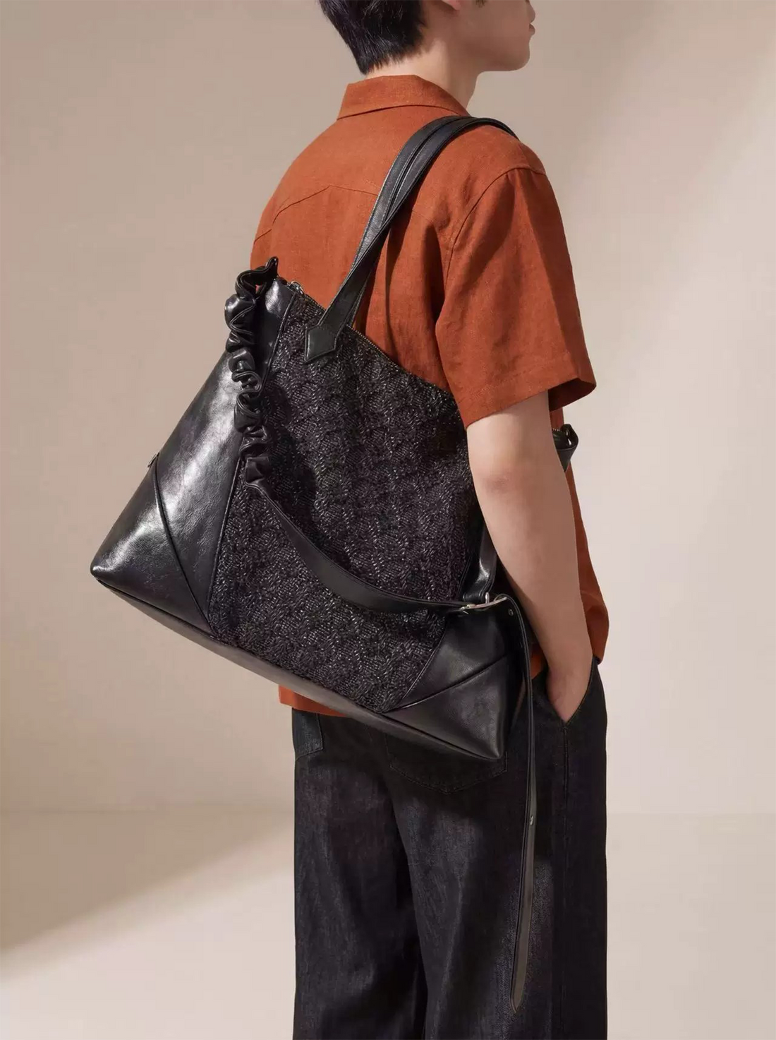 ALVNG AR ANTS Asymmetrical Ruched Woven Faux Leather Bag-Bag-Black-Free Shipping Leatheretro