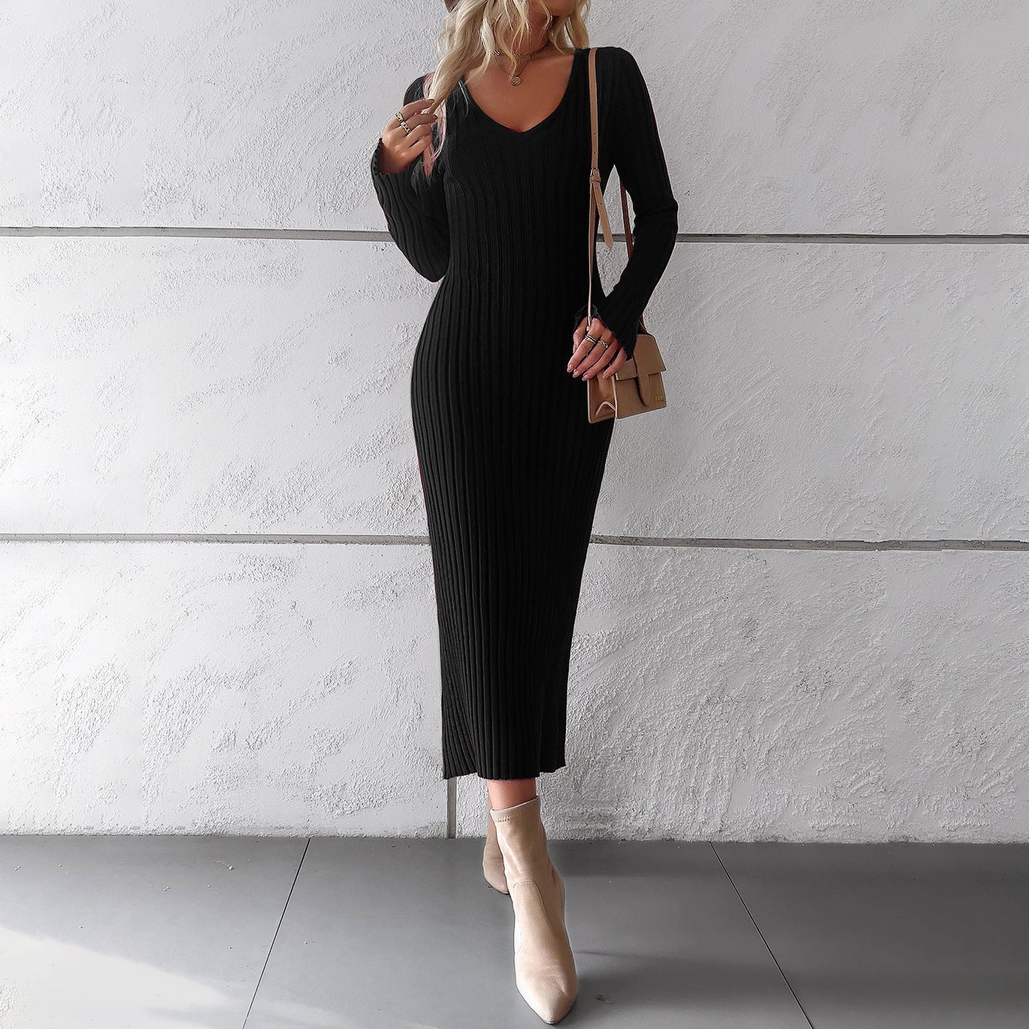 Elegant V Neck Long Sleeves Knitted Dresses-Dresses-Black-S-Free Shipping Leatheretro