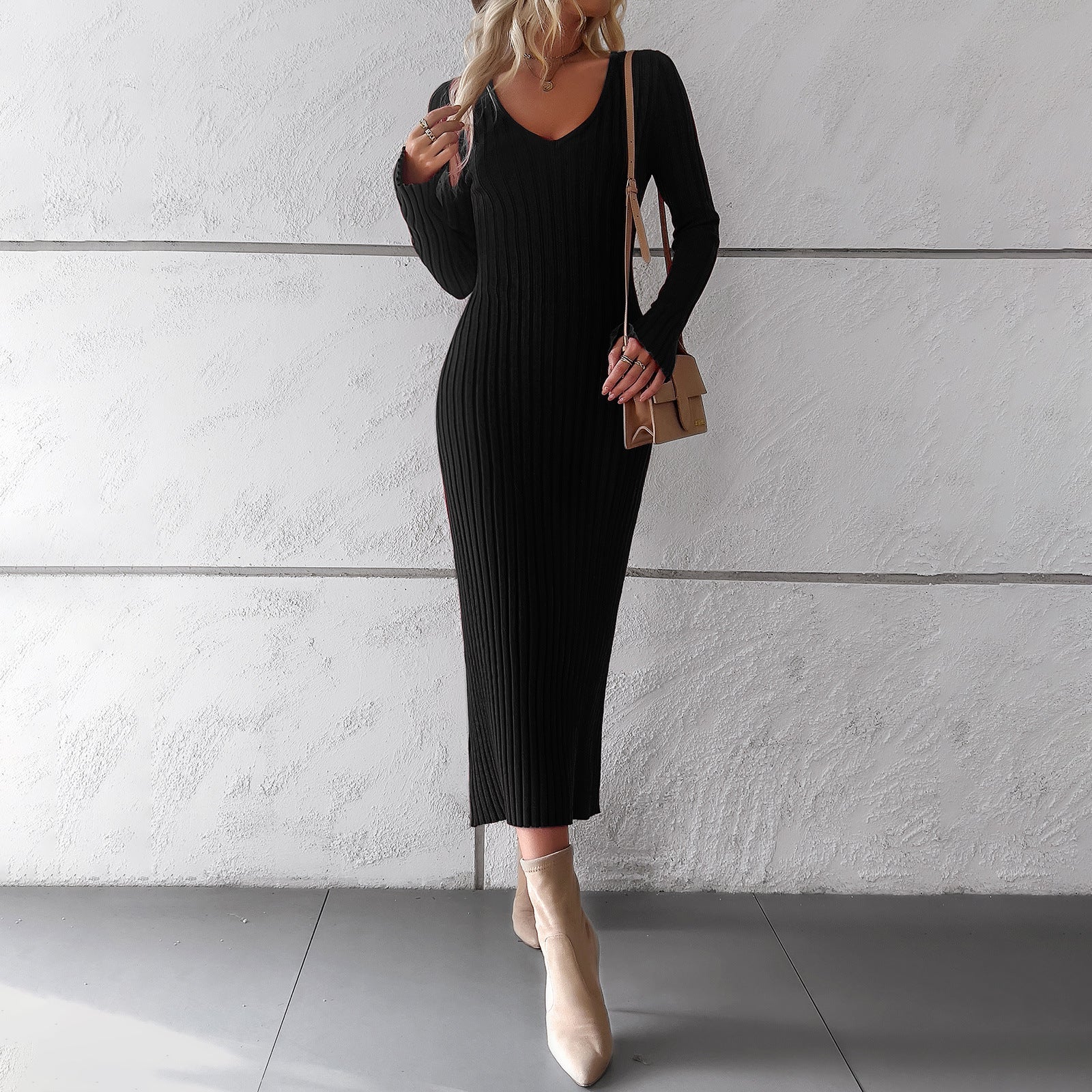 Elegant V Neck Long Sleeves Knitted Dresses-Dresses-Black-S-Free Shipping Leatheretro