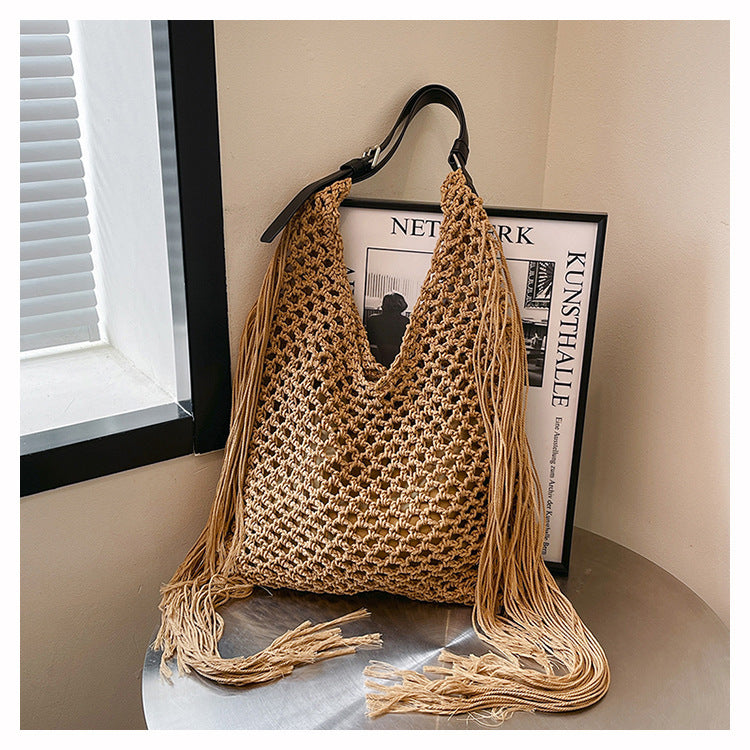 Retro Fringe Handwoven Crochet Tote Bag-Black-Free Shipping Leatheretro