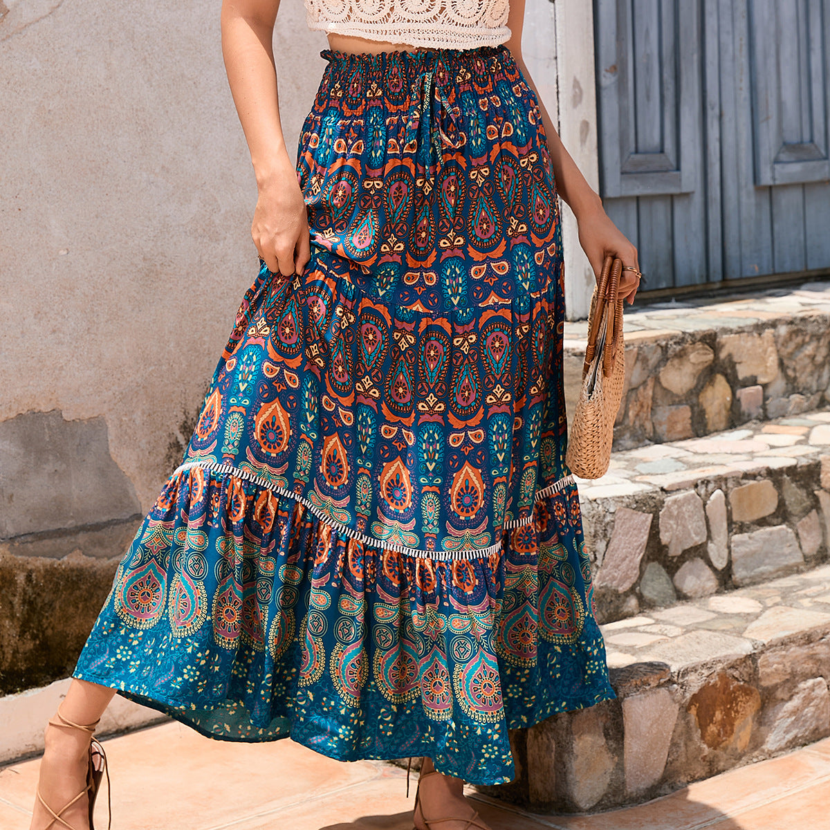 Bohemian Exotic Women Midi Skirts-Skirts-Peacock Blue-S-Free Shipping Leatheretro