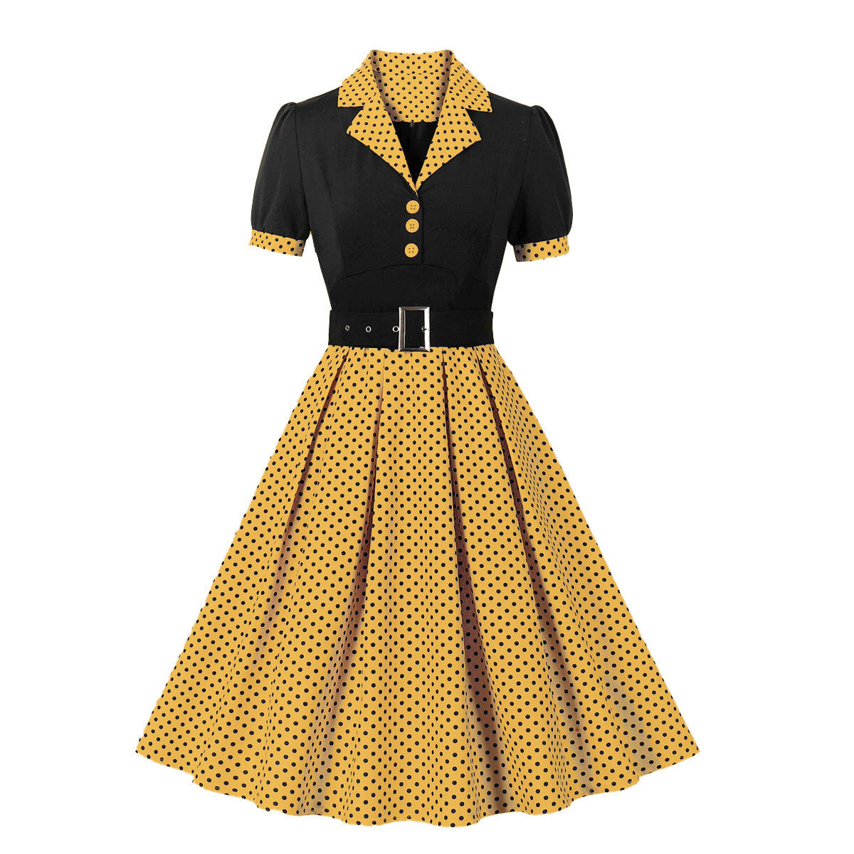 Vintage Polk Dot Short Sleeves Dresses-Dresses-Yellow-S-Free Shipping Leatheretro
