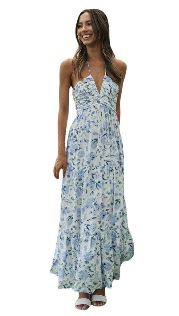 Sexy V Neck Strapless Summer Vacation Dresses-Dresses-Blue floral-S-Free Shipping Leatheretro