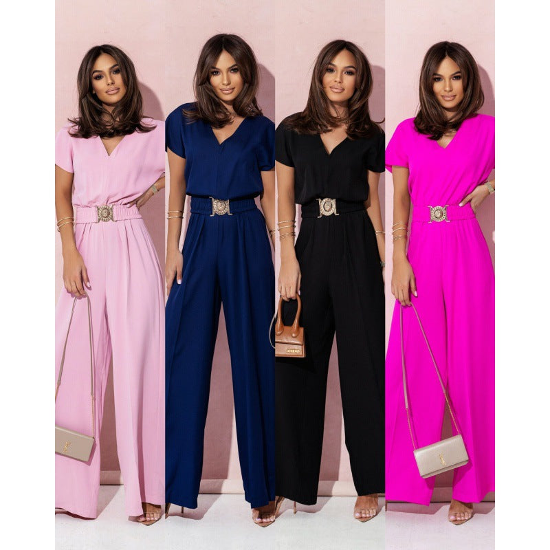 Fashion V Neck Short Sleeves Jumpsuits-dresses-Black-S-Free Shipping Leatheretro