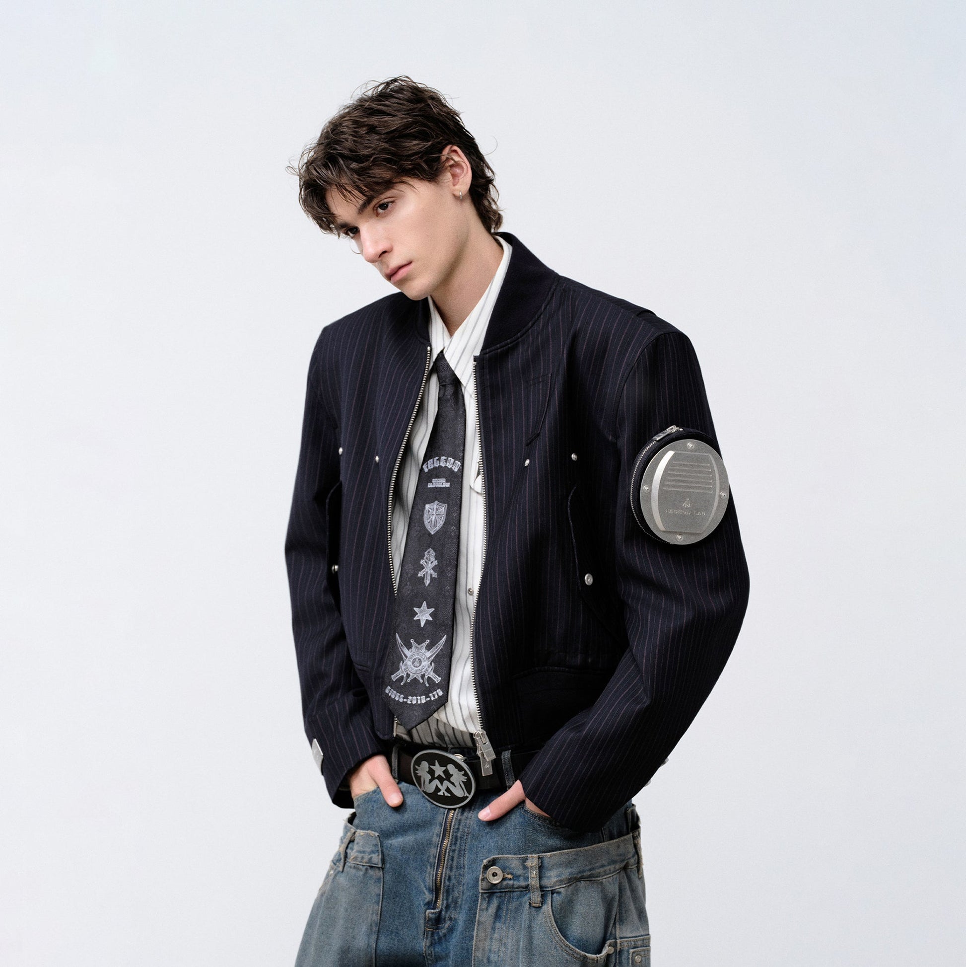 FACEONLAB Arm-Patched Bomber Jacket Navy-Jacket-M (Preorder)-Free Shipping Leatheretro
