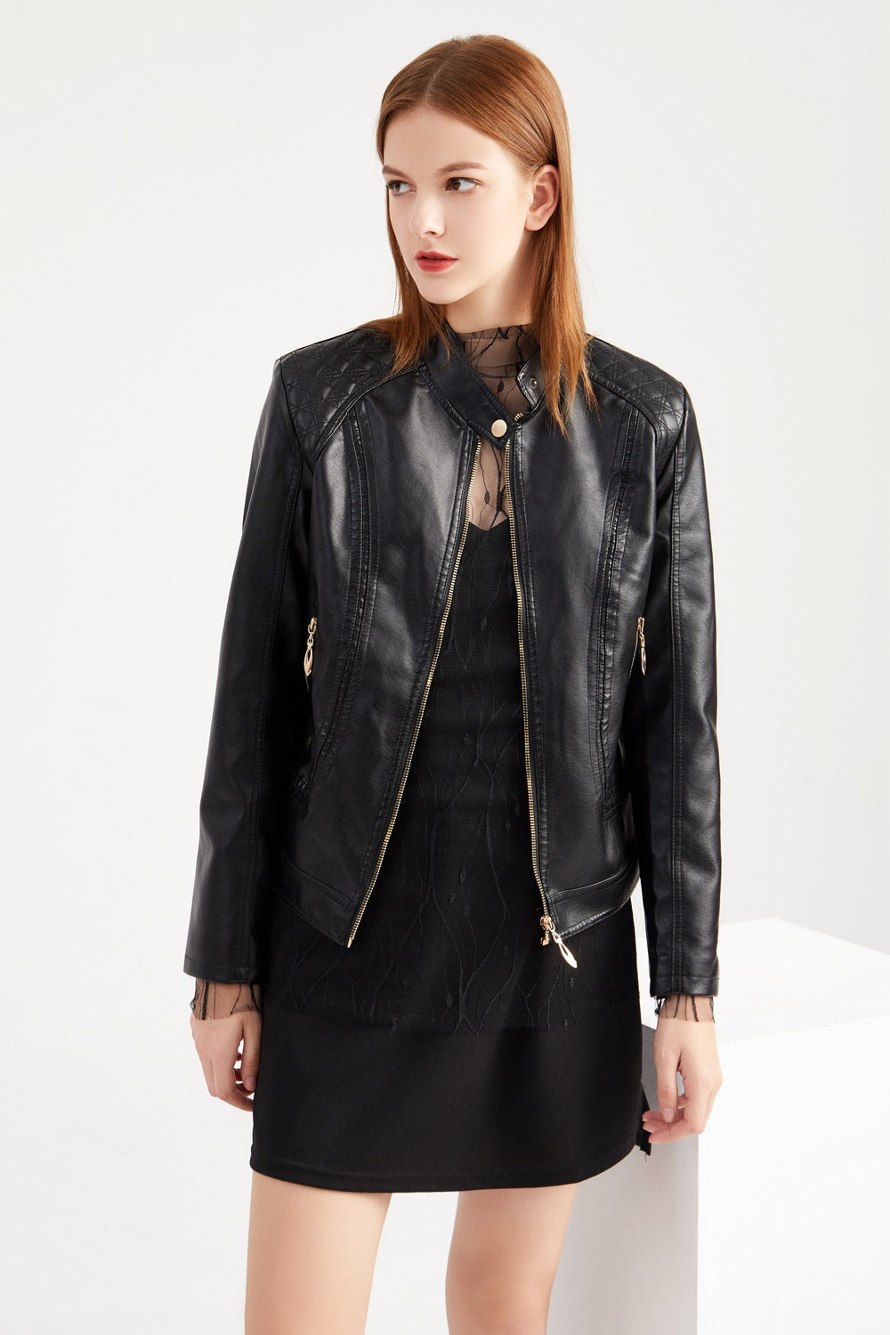 Women's Stand Collar Faux Leather Jacket-black-S-Free Shipping Leatheretro