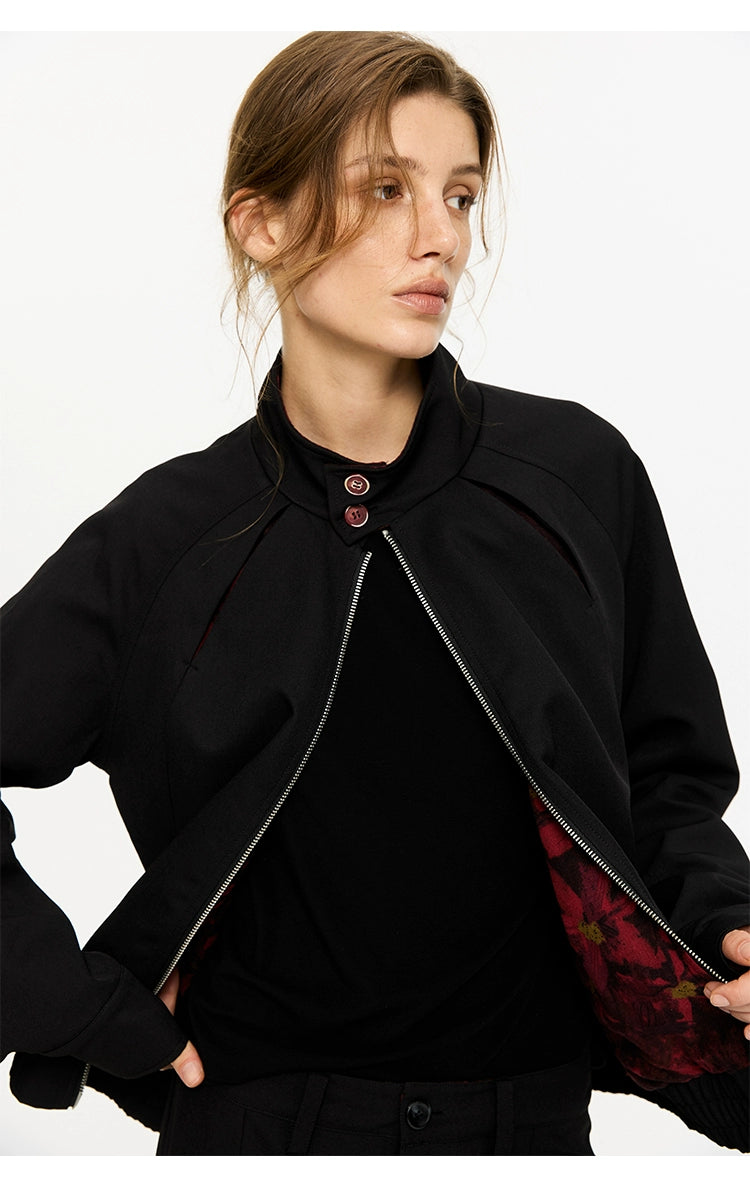 KREATE Harrington Collar Jacket with Segmented Oil Painting Lining-Top-Black-S-Free Shipping Leatheretro