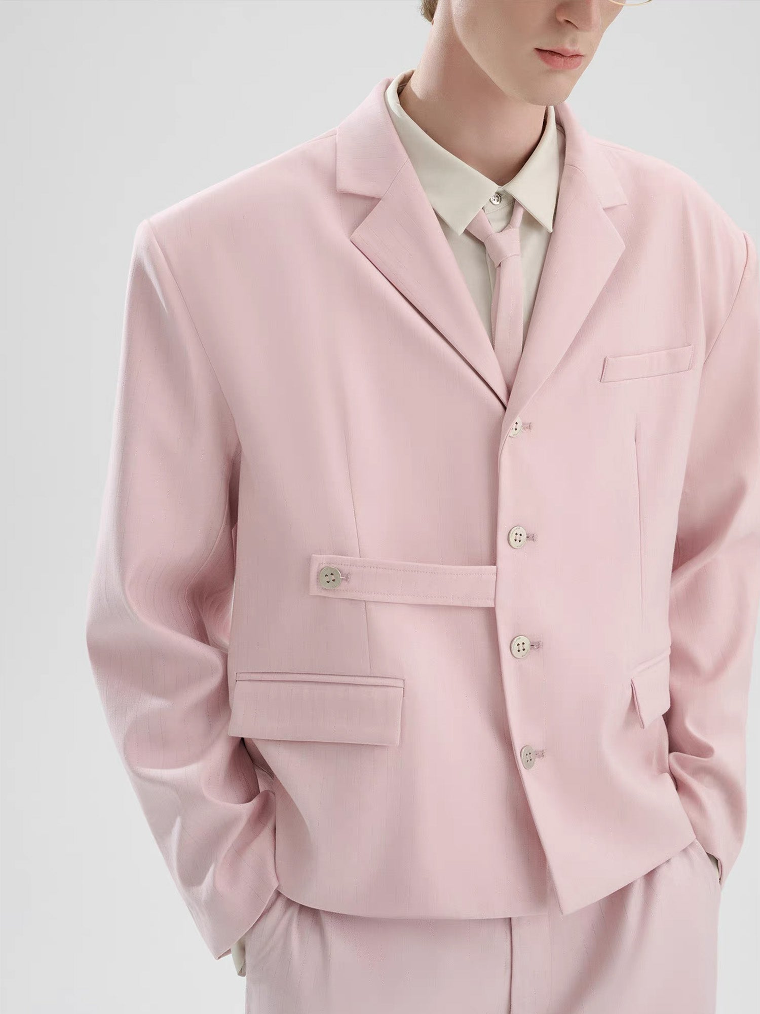 TIWILLTANG Cropped Pinstripe Strap Blazer White/Pink-Jacket-S-Pink-Free Shipping Leatheretro
