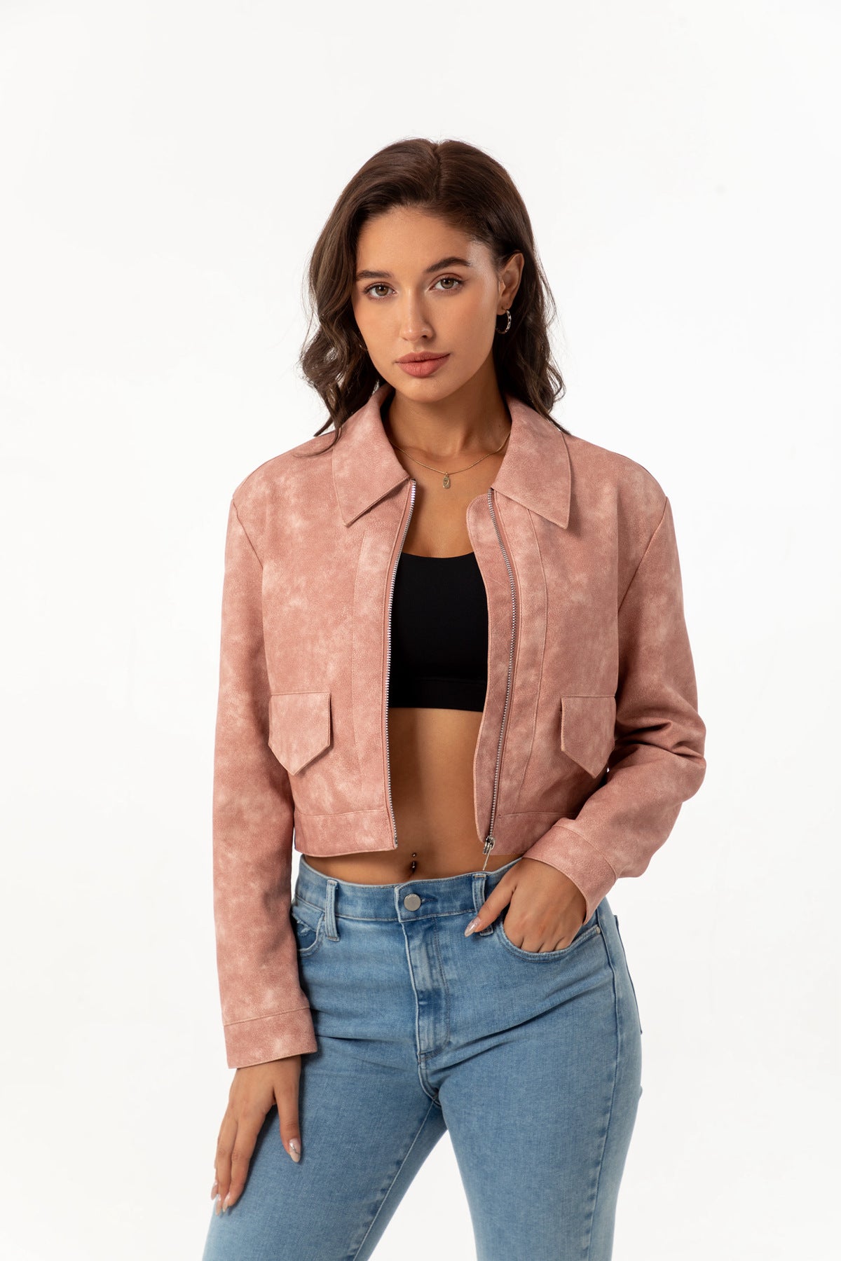 Women's Faux Leather Jacket-Lotus root pink #7-S-Free Shipping Leatheretro