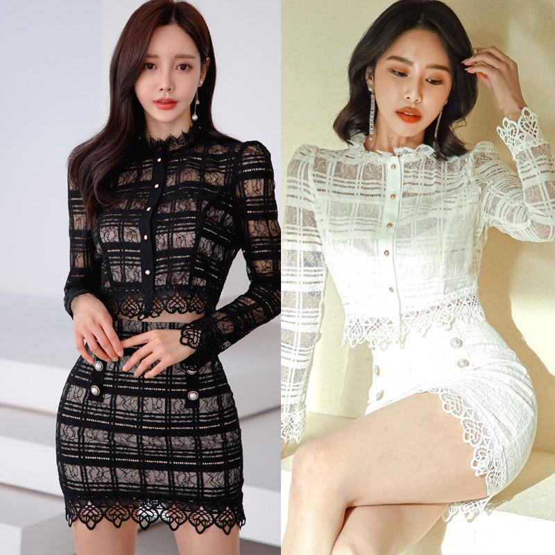 Elegant Lace Short Coats and Body Con Skirts-suits-White-S-Free Shipping Leatheretro