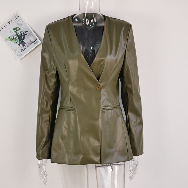 Fashionable Green V-Neck Slim-Fit Faux Leather Blazer-green-S-Free Shipping Leatheretro