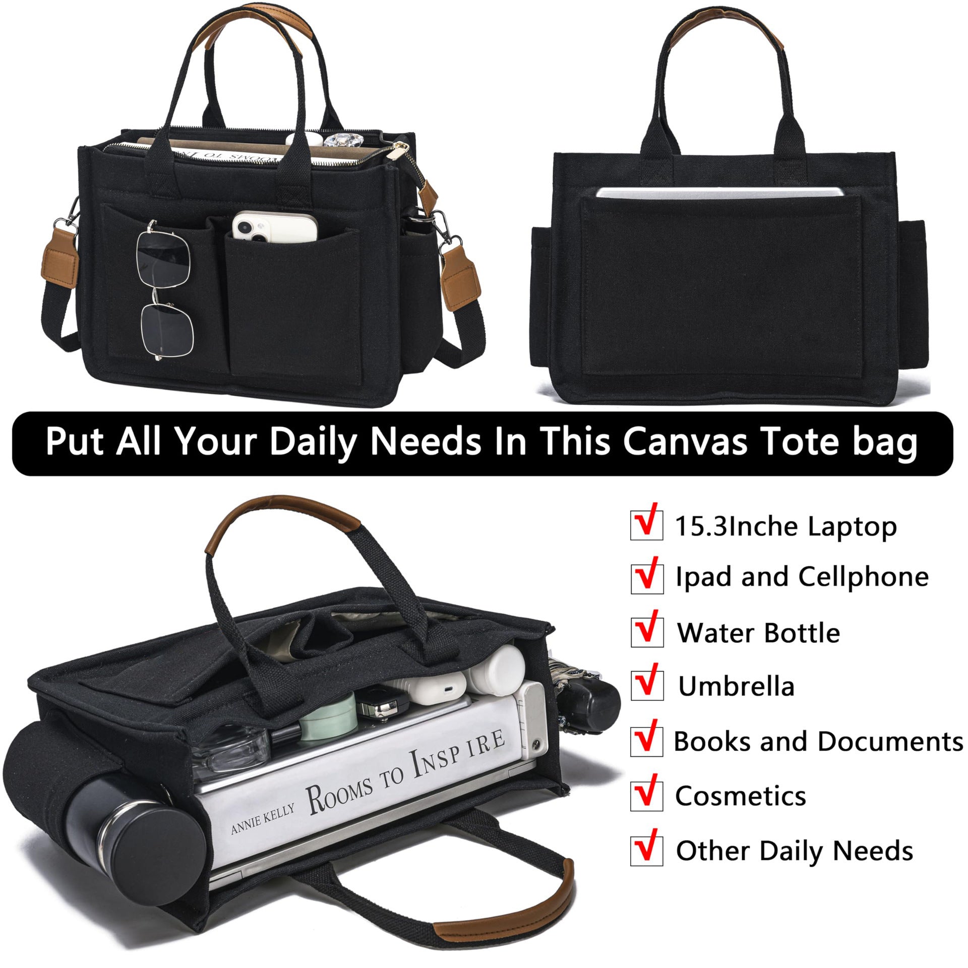 Large Canvas Tote Bag Laptop Crossbody Bag, Spacious Mom Diaper Bag-Canvas Bag-Black-A-Free Shipping Leatheretro