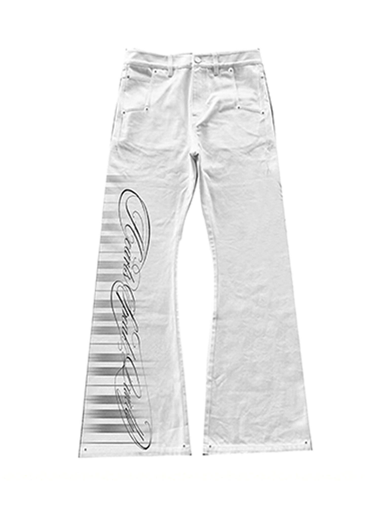 PAIKI Piano Key Script Foil Flared Jeans-Jeans-S / 31"-Black (Preorder)-Free Shipping Leatheretro