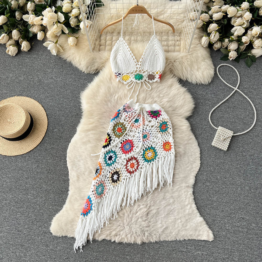 Summer Bohemian Crochet Knitted Strapless Tops & Skirts Women Sets-Dresses-White-One Size-Free Shipping Leatheretro