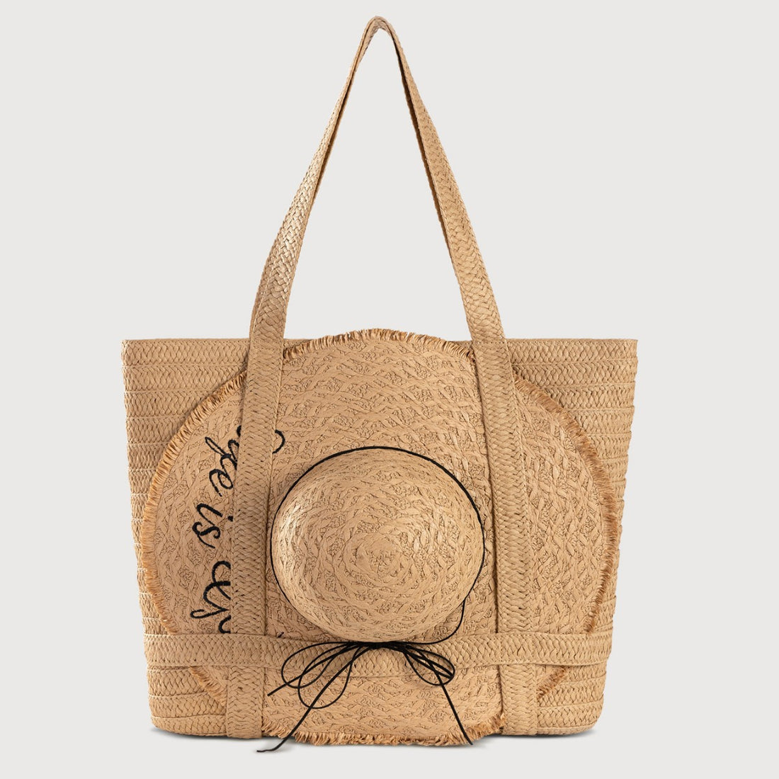 Handwoven Straw Tote Bag with Matching Hat-Apricot-Free Shipping Leatheretro