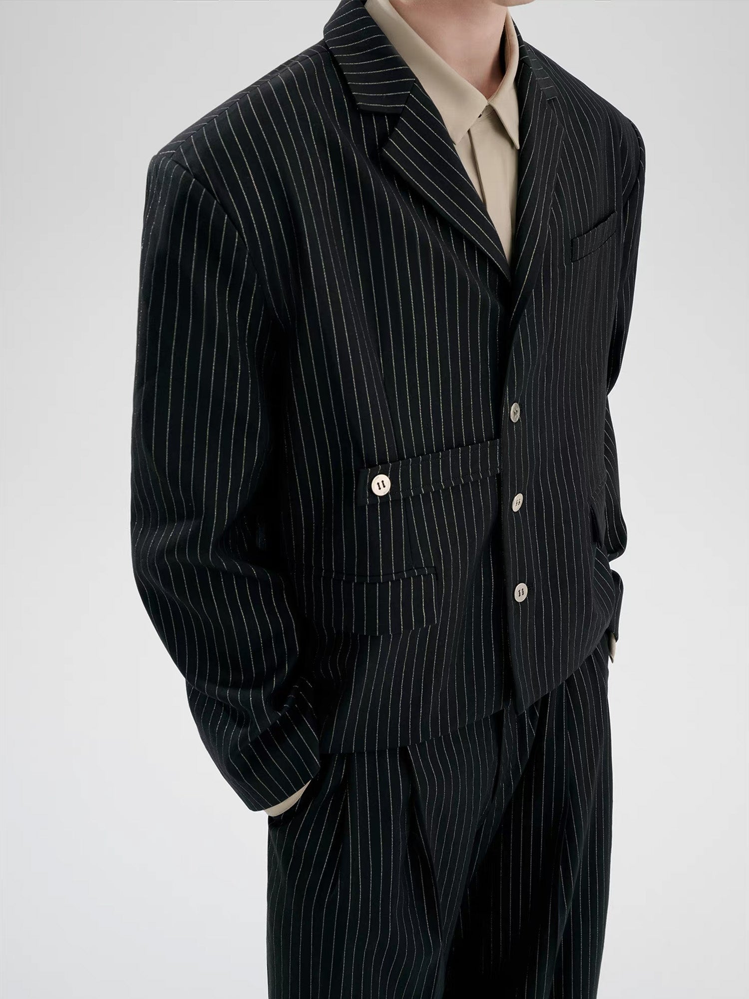 TIWILLTANG Cropped Pinstripe Strap Blazer-Jacket-S-Black-Free Shipping Leatheretro