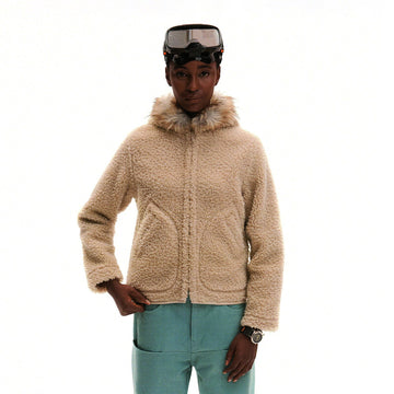 URBAN+FOREST Faux Fur Trim Sherpa Wool-Blend Hooded Jacket-Jacket-S-Beige-Free Shipping Leatheretro