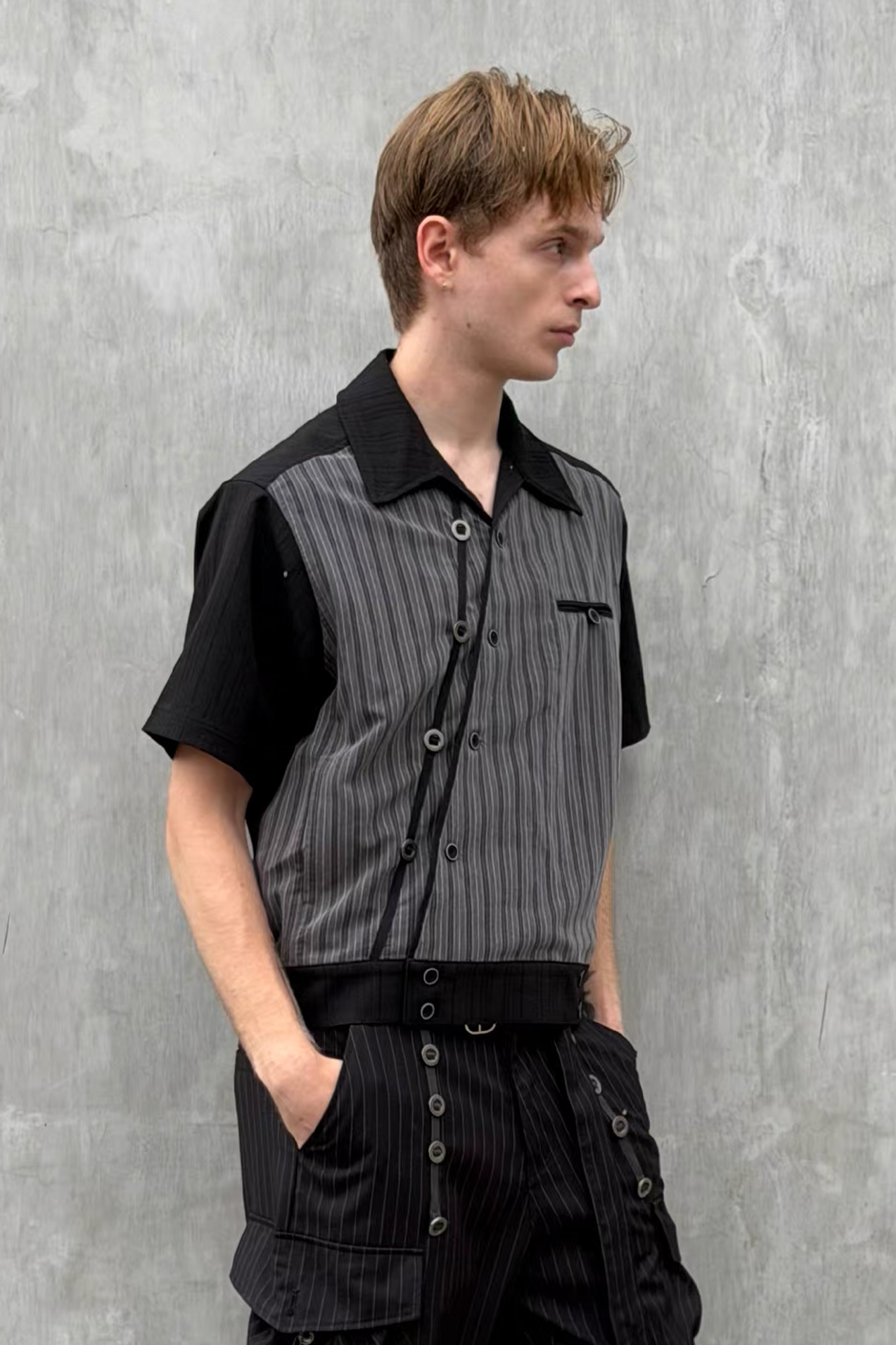 ESAIAS Jacquard Pinstripe Asymmetrical Paneled Half Shirt-Half shirt-S-Free Shipping Leatheretro