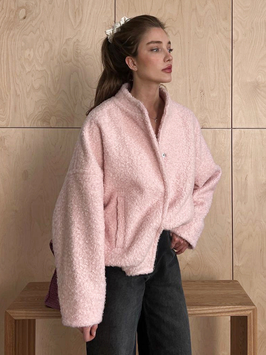 Fashion Stand Collar Pink Short Jacket Coats-Coats & Jackets-Pink-S-Free Shipping Leatheretro