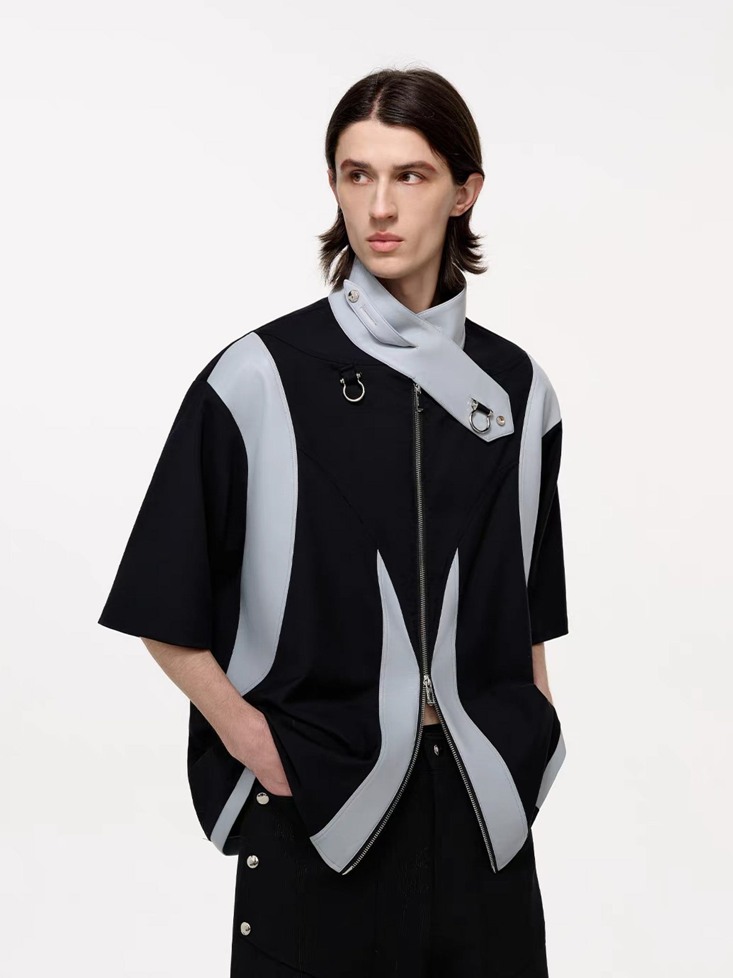 TIWILLTANG Layered-Collar Contrast-Panel Zip-Up Half Shirt-Shorts-S-Free Shipping Leatheretro