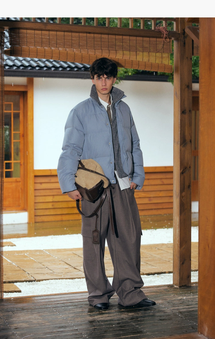 KREATE Men's Two-Tone Knit Collar Down Jacket with 90% Down-Light Blue-S-Free Shipping Leatheretro