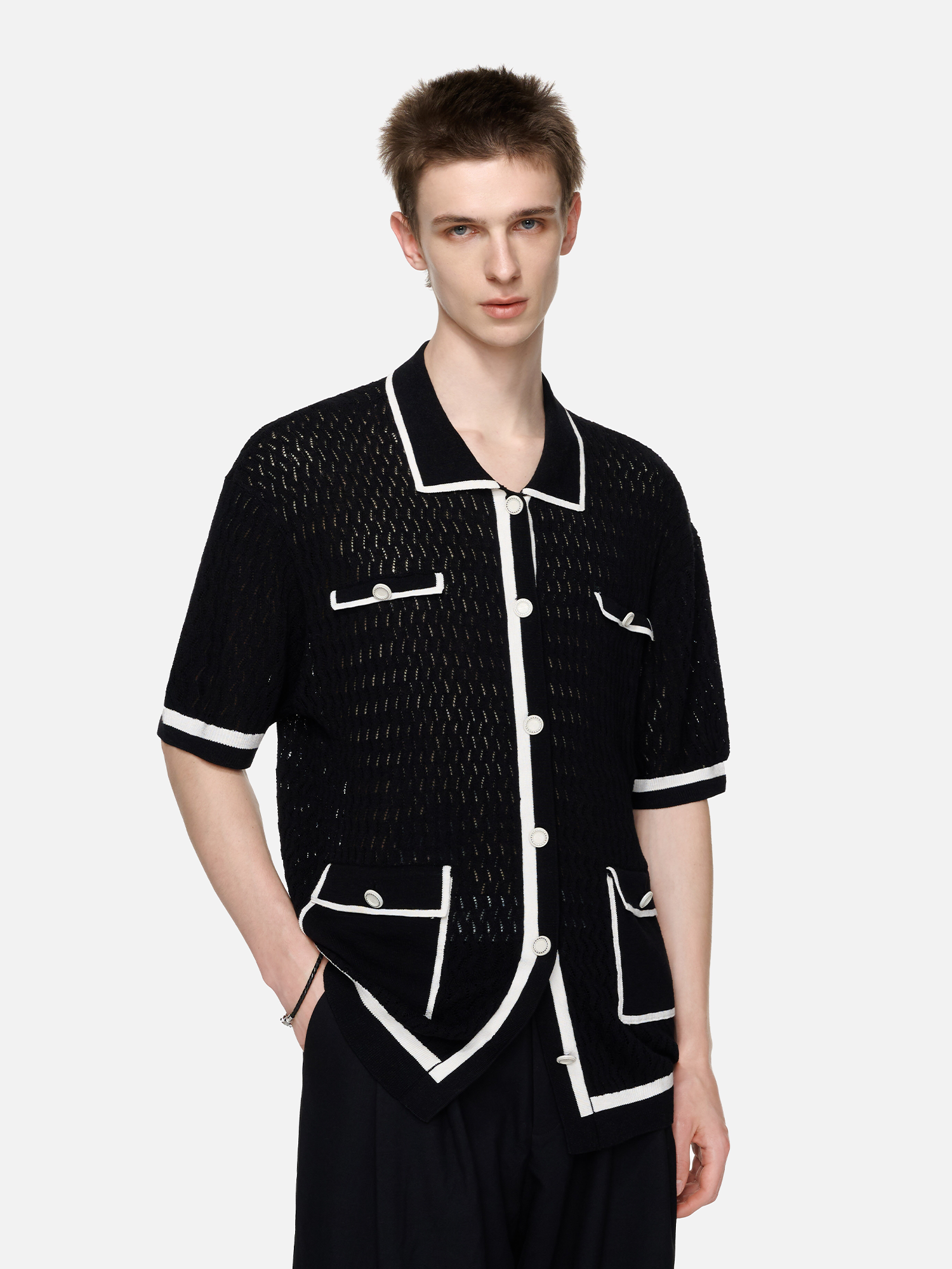 TIWILLTANG Contrast Trim Knitted Half Shirt-Half shirt-S-Black-Free Shipping Leatheretro
