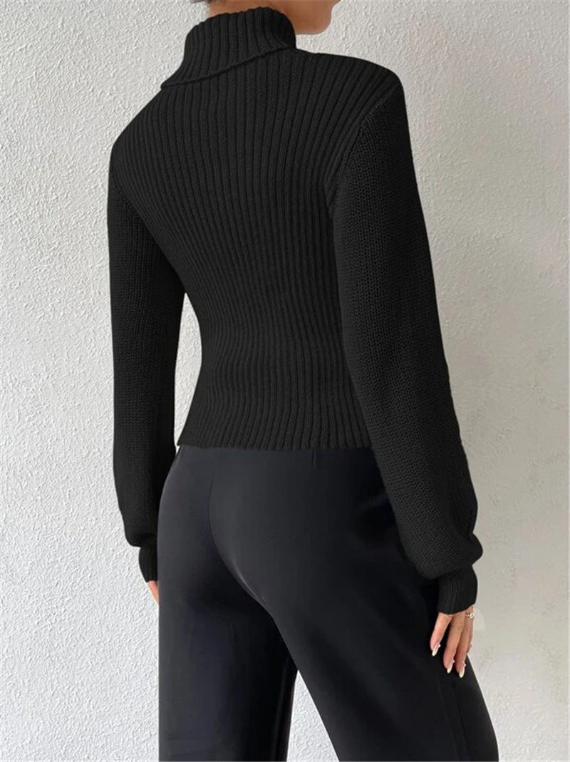 Sexy High Neck Short Knitted Sweaters-Sweater&Hoodies-Black-S-Free Shipping Leatheretro